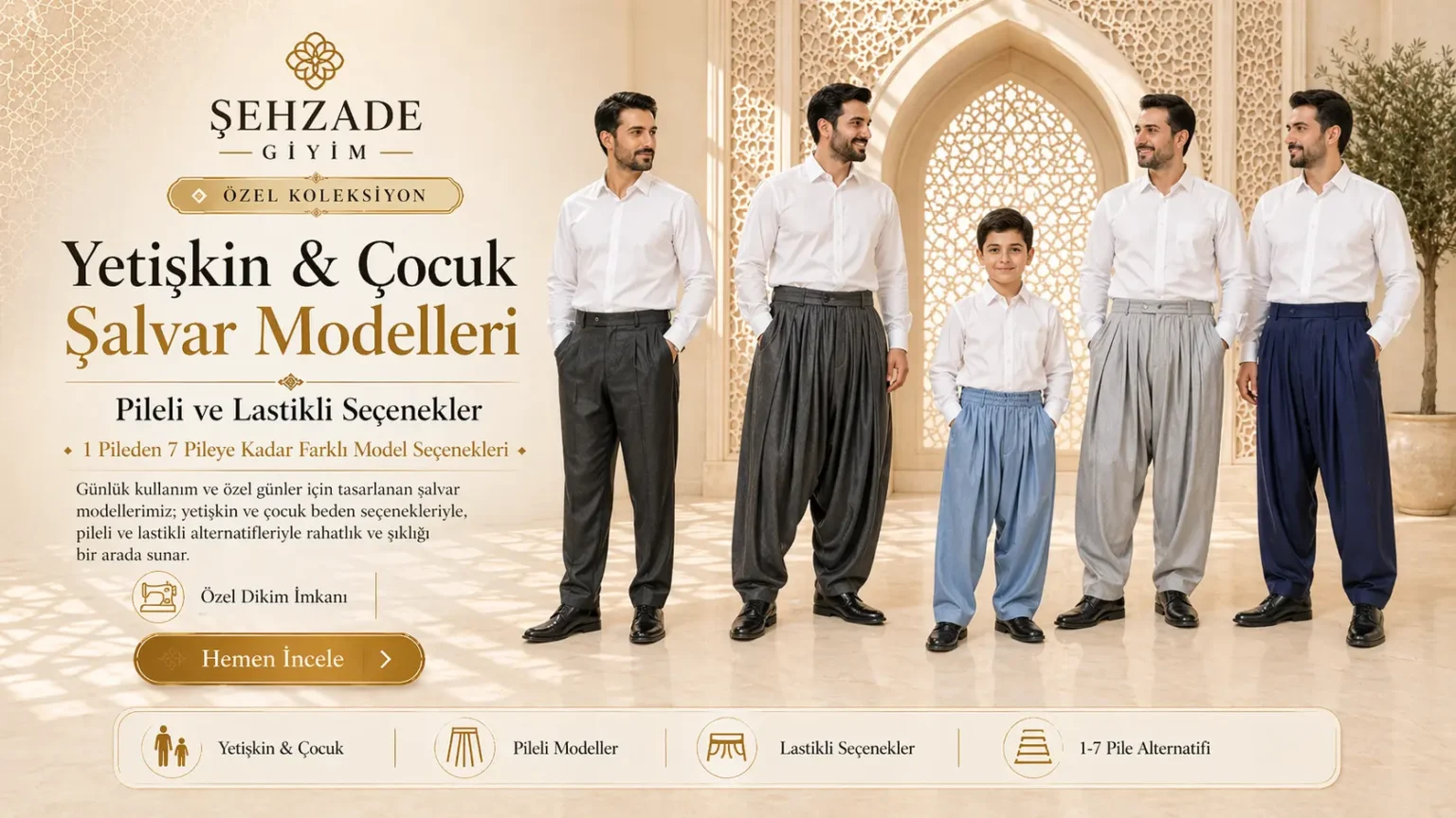 Şehzade Giyim yetişkin ve çocuk pileli lastikli şalvar modelleri 1-7 pile seçenekleri