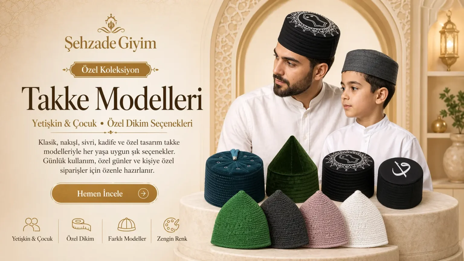 Şehzade Giyim yetişkin ve çocuk takke modelleri özel dikim seçenekleri