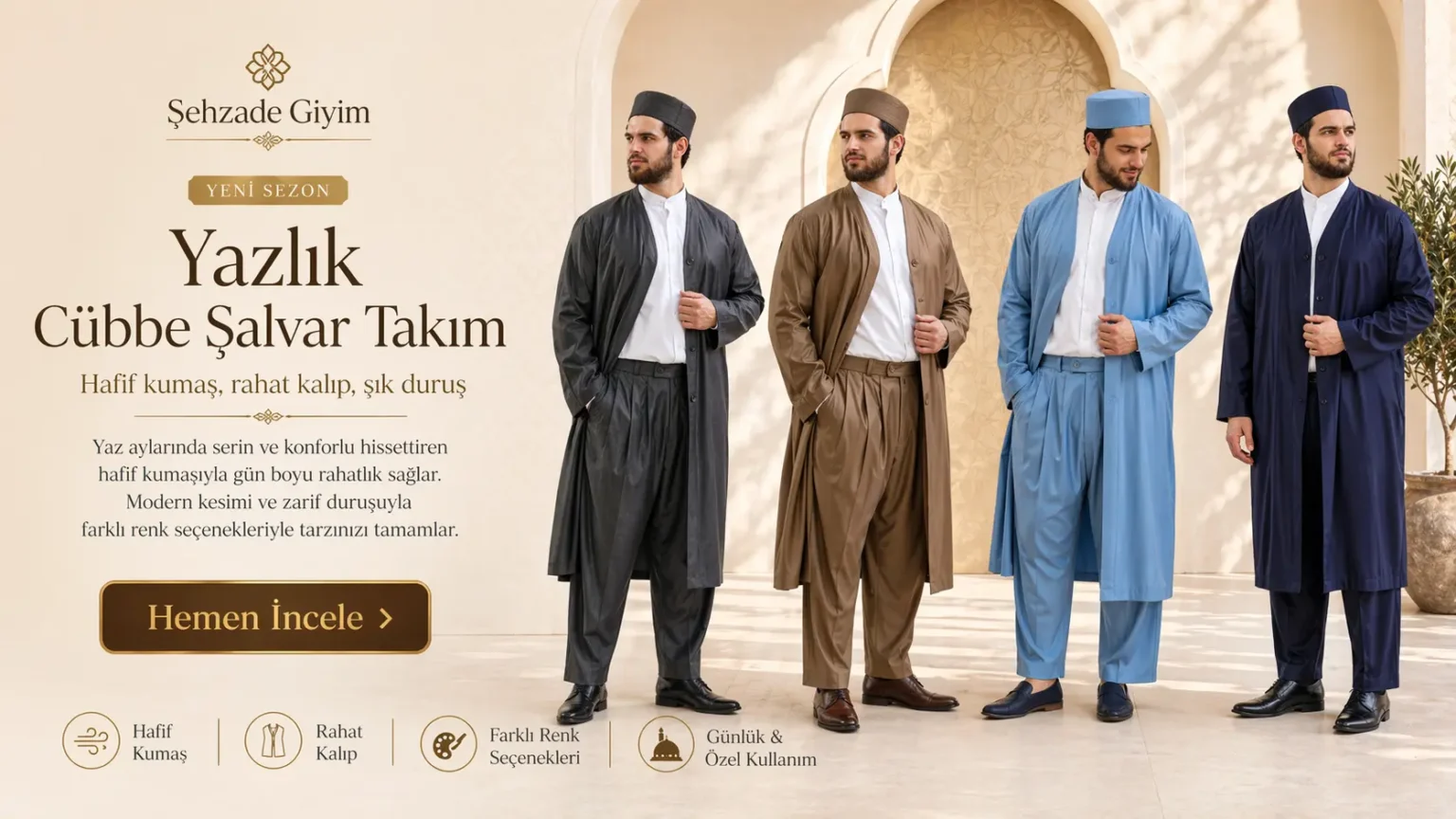 Şehzade Giyim yeni sezon yazlık cübbe şalvar takım modelleri ve renk seçenekleri